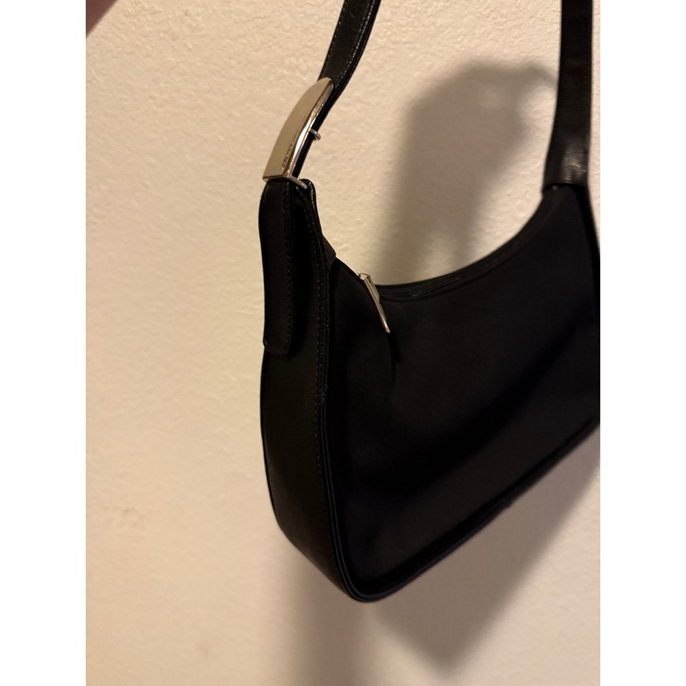 Enzo Angiolini Black Nylon Shoulder Bag Pebbled Leather Trim Baguette Purse - Picture 11 of 13